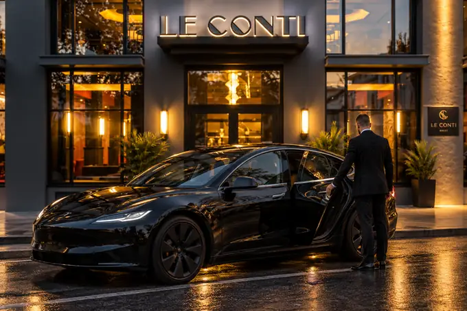 Chauffeur privé Brest : votre chauffeur vous ouvre la portière devant l'hôtel Le Conti