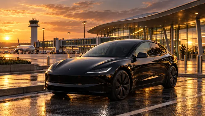 VTC aéroport Brest : la Tesla Model 3 noire de Gaétan VTC devant le terminal