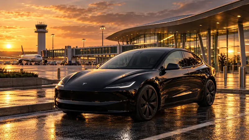 VTC Brest : la Tesla Model 3 de Gaétan VTC à l'aéroport Brest Bretagne